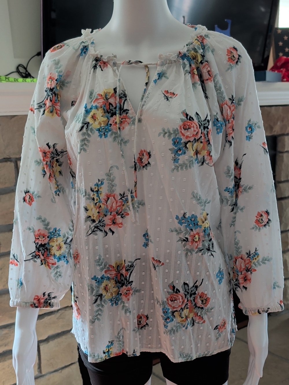 LOFT White Floral Tie-Neck Peasant Blouse